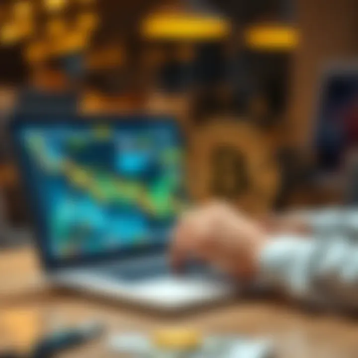 A person setting up a Bitcoin wallet on a laptop with a digital currency graphic overlay