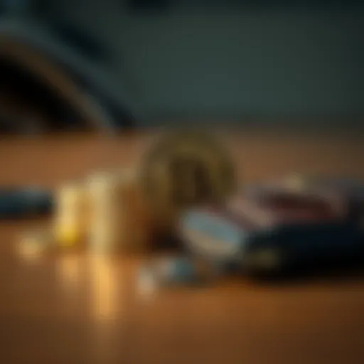 A close-up of Bitcoin coins stacked beside an old, fading digital wallet on a wooden table, symbolizing lost access and diminishing supply.