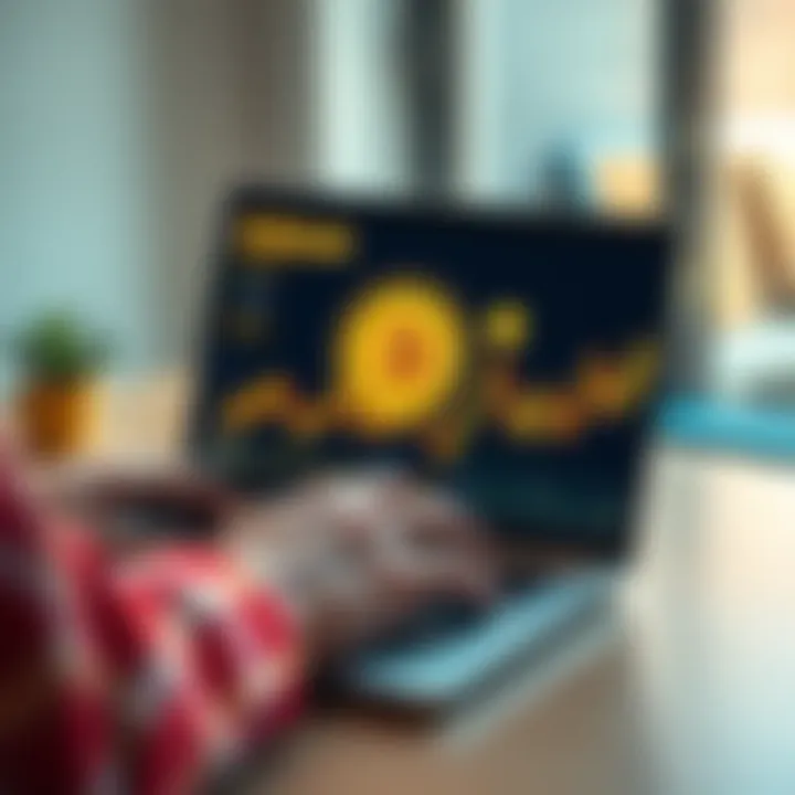 A person using a laptop to set up a Bitcoin wallet with digital currency graphics on the screen.