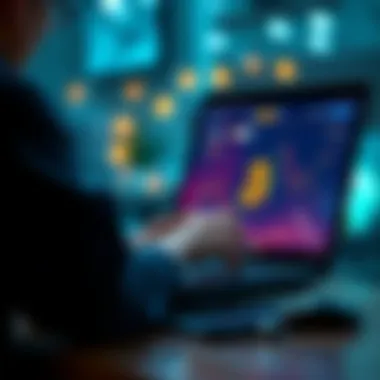 A person setting up a Bitcoin wallet on a laptop, looking at a mining graphic on the screen.