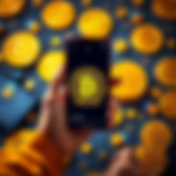 A beginner holding a smartphone displaying a Bitcoin wallet app, surrounded by Bitcoin symbols and crypto resources.