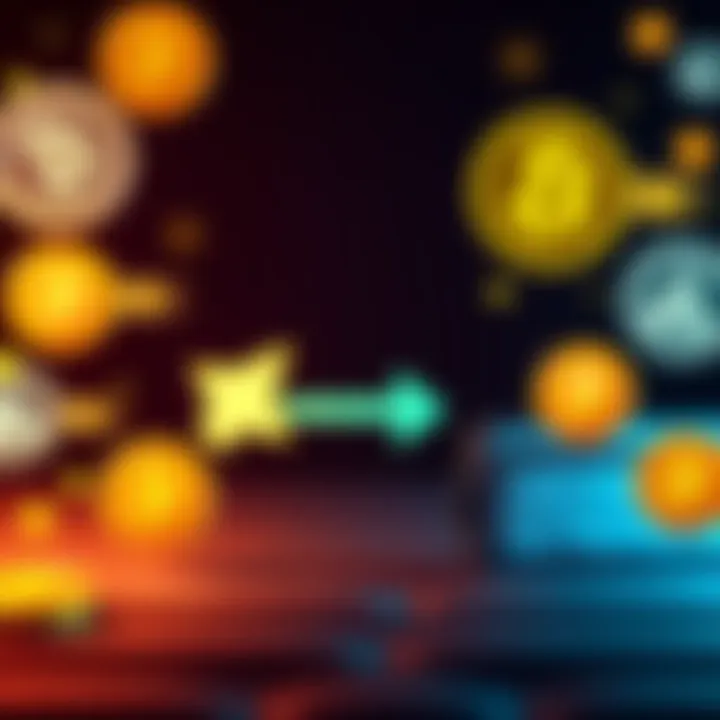 Illustration of Bitcoin symbols and wallet icons showing a transfer process between two wallets with arrows.