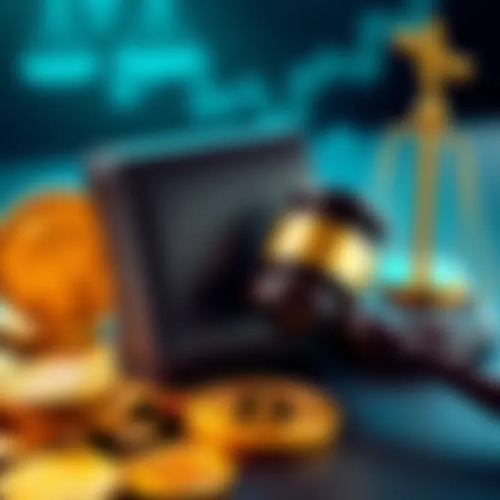 A visual representation of a Bitcoin wallet transferring funds with Bitcoin symbols and a gavel symbolizing legal action in the background.
