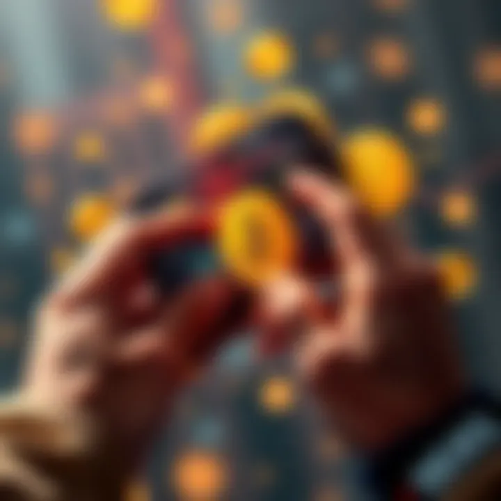 A hands-on view of a digital Bitcoin wallet displaying increasing trust metrics and user-friendly features, surrounded by symbols of everyday transactions.