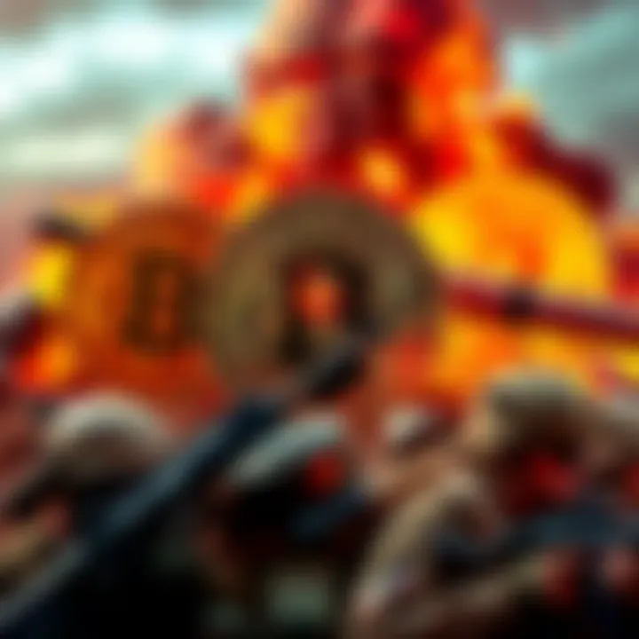 A visual representation showing Bitcoin symbols overlaying military conflict imagery, illustrating the connection between cryptocurrency and warfare financing.