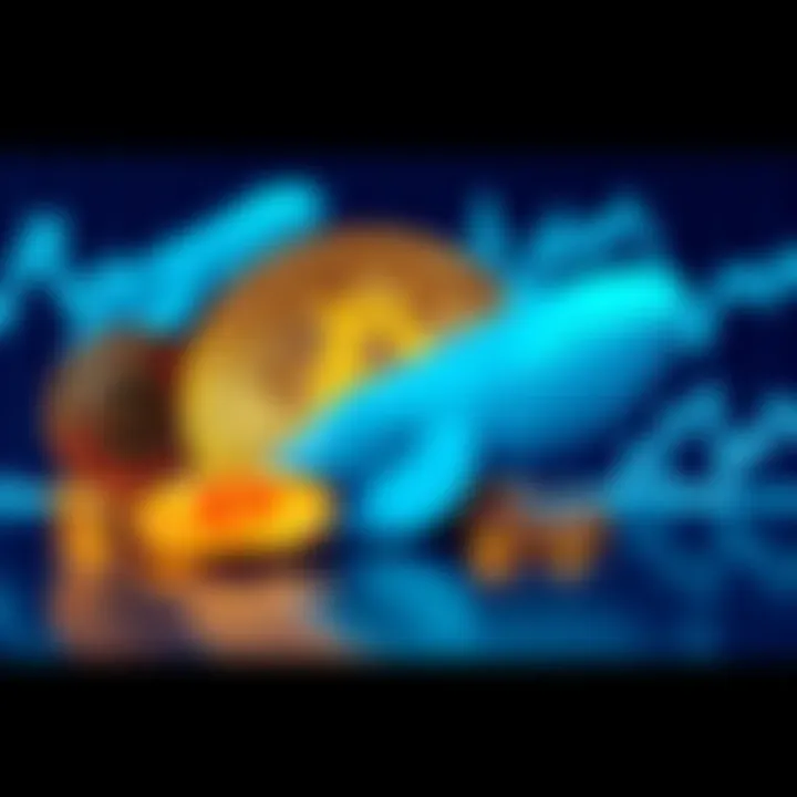 A graphic showing a whale symbol alongside Bitcoin coins, representing large purchases by investors. The background is a flat line indicating stable prices.