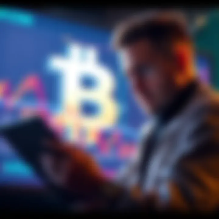 A visual representation of a Bitcoin whale trader looking distressed while checking cryptocurrency charts showing a decline, with the Bitcoin logo in the background.