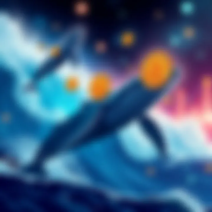 Illustration of Bitcoin whales moving through a vibrant cryptocurrency ocean, symbolizing market momentum