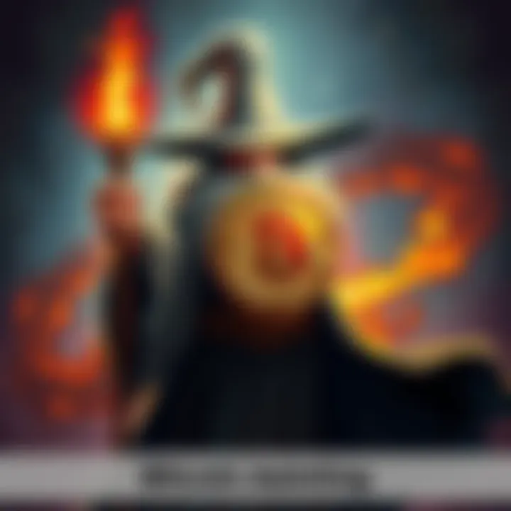 A wizard resembling Gandalf holds a staff with a Bitcoin symbol, inspired by fantasy and cryptocurrency themes.