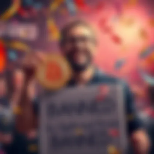 A proud Bitcoiner in a festive setting, holding a Bitcoin symbol with a big smile, surrounded by confetti and a sign showing 'Banned from Forum', expressing joy about the ban.