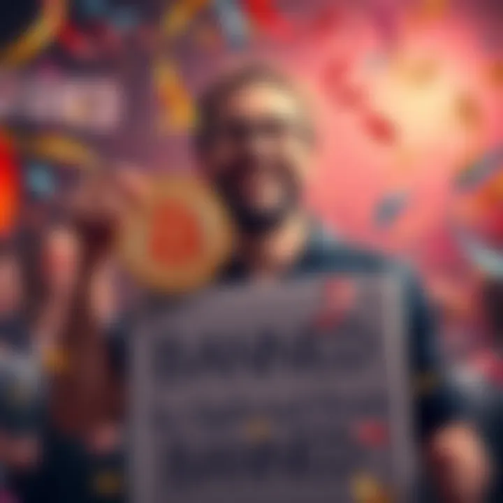A proud Bitcoiner in a festive setting, holding a Bitcoin symbol with a big smile, surrounded by confetti and a sign showing 'Banned from Forum', expressing joy about the ban.