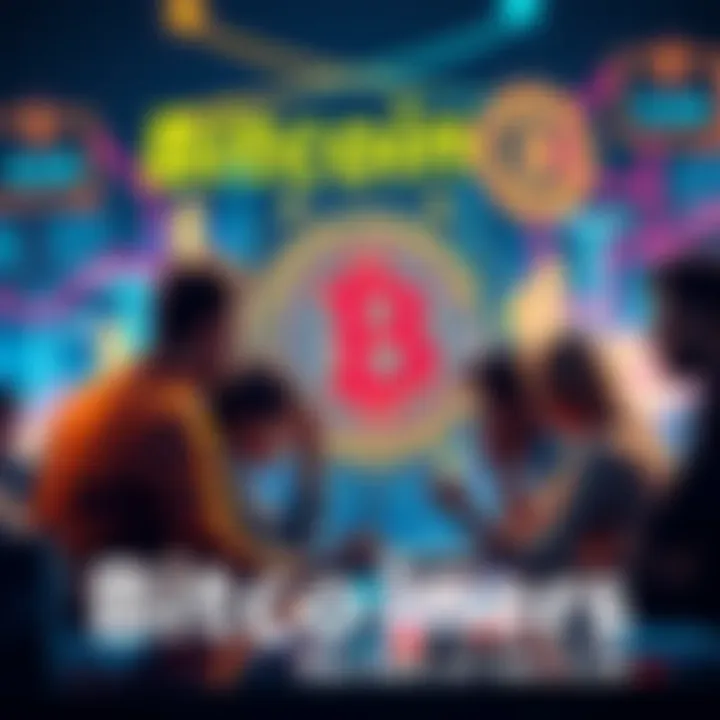 Bitcoiners shaping the future A group of Bitcoin enthusiasts discussing innovative ideas related to technology and finance, with futuristic graphics in the background
