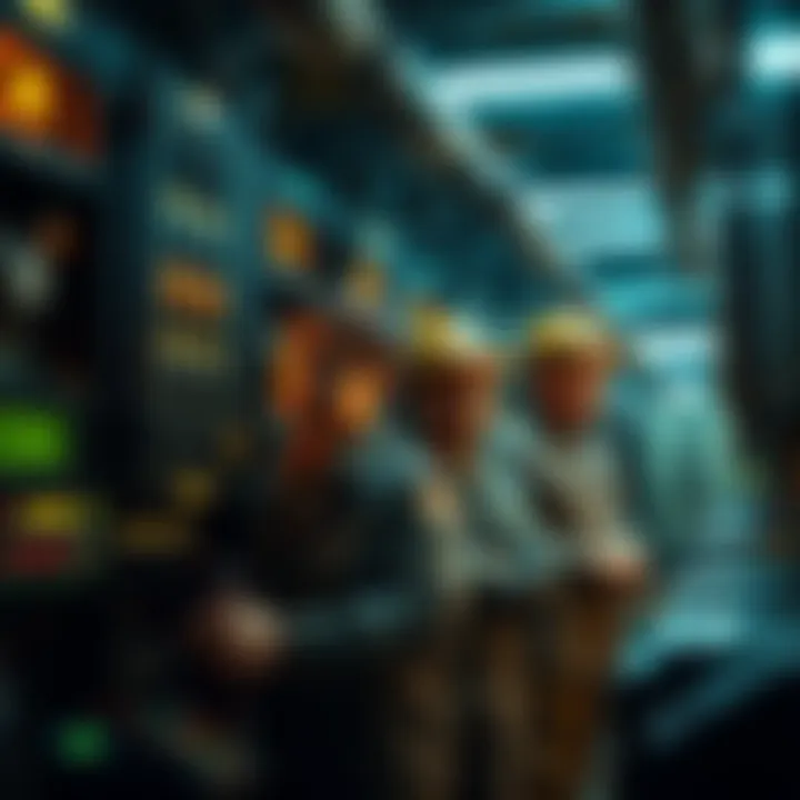 A group of Bitcoin miners in a dimly lit facility, showing machines powered down and workers looking concerned about profit losses.