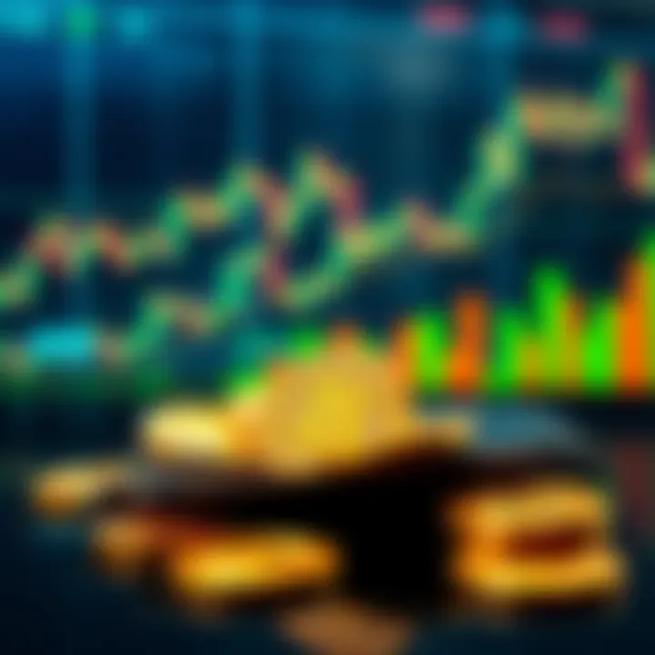 A digital wallet displaying spare bitcoins with a background of financial charts showing currency fluctuations.