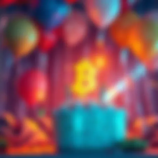 A festive celebration with balloons and a cake featuring a crypto theme, marking BitMart's 8th anniversary.