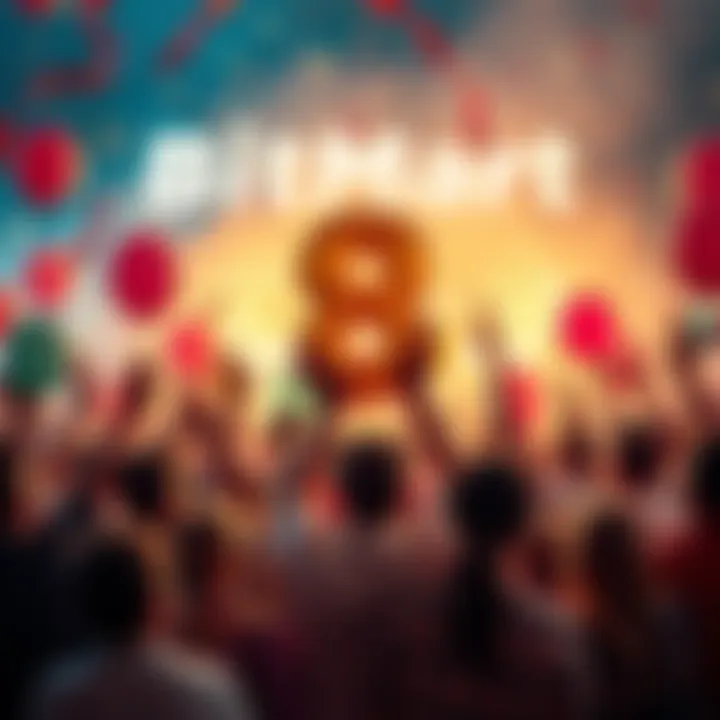 People celebrating BitMart's 8th anniversary with balloons and confetti