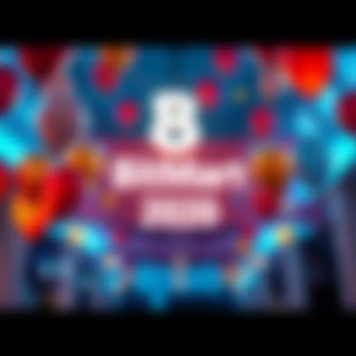 A festive scene featuring balloons and banners celebrating BitMart's 8th anniversary with cash prizes