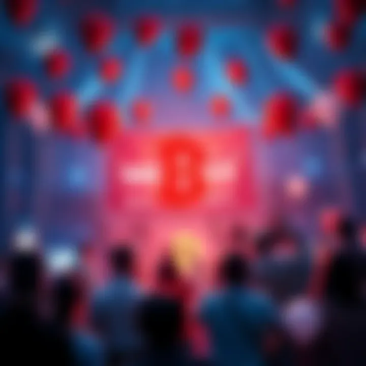 A festive scene showing people celebrating BitMart's 8th anniversary with balloons and banners.