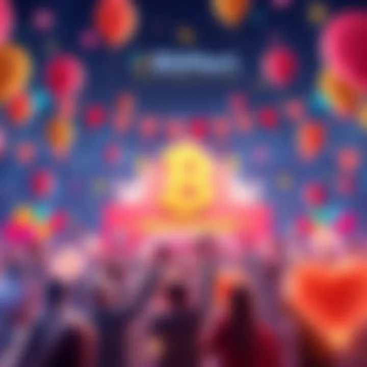 BitMart 8th Anniversary Celebration A festive celebration scene for BitMart's 8th anniversary, featuring balloons, banners, and people cheering in a digital backdrop representing cryptocurrency.