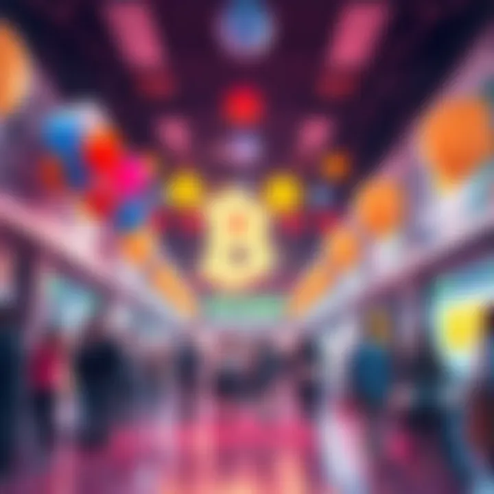 A festive scene showing decorations and people celebrating BitMart's 8th anniversary with balloons and banners