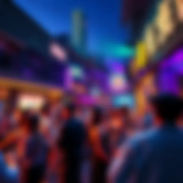 A lively scene at BitMart's party with people enjoying drinks and dancing under colorful lights in Lan Kwai Fong, Hong Kong.