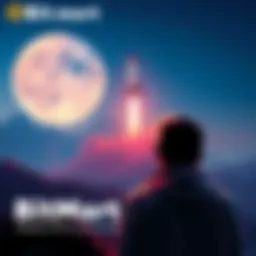 A person looking at a futuristic chart with a rocket launching towards the moon, symbolizing BitMart's mission for success in the crypto market.