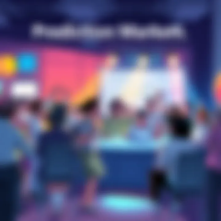 BitMart's Prediction Market Contest A digital illustration of a vibrant contest promoting BitMart's Prediction Market, showcasing excited participants sharing their predictions and experiences in a lively setting.