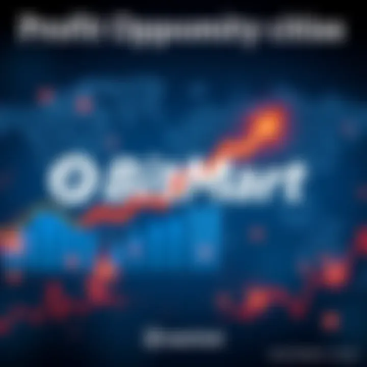 BitMart exchange logo with graphs showing rising profits against a backdrop of a world map in turmoil