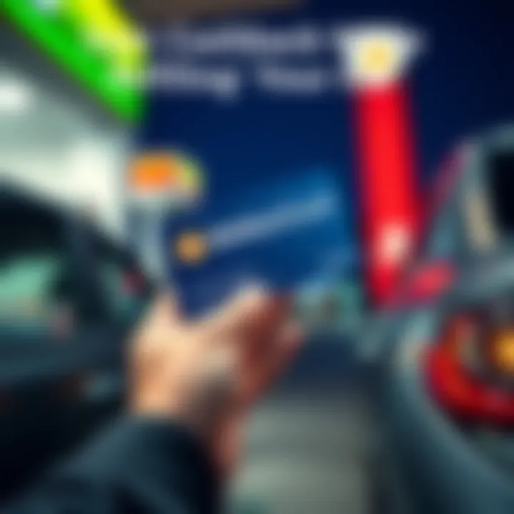 A person holding a BitMartCard at a gas station while fueling a car, showcasing cashback benefits.