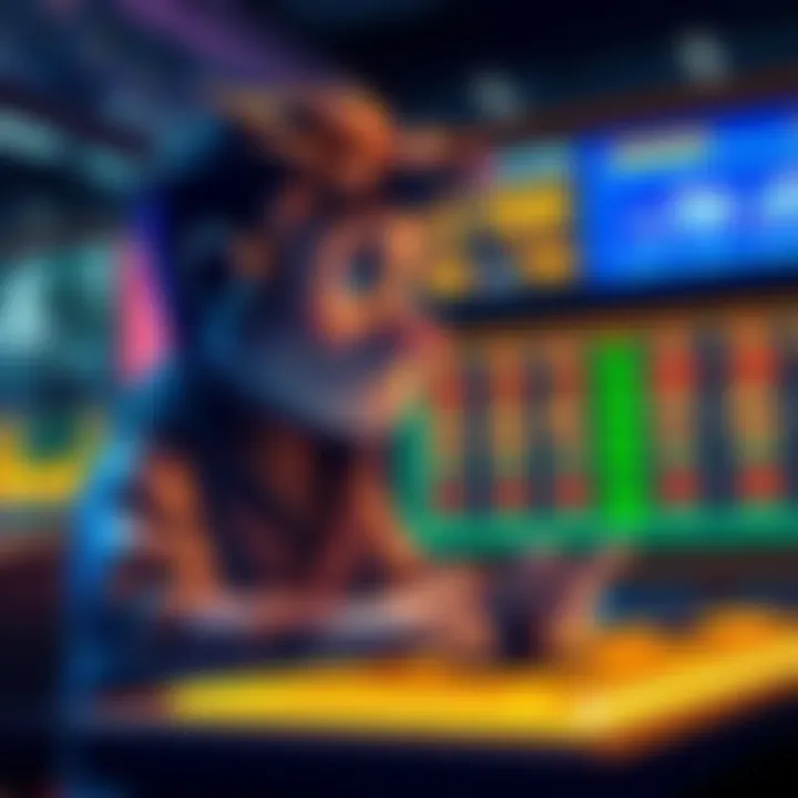 A character named Bitto is shown placing a $100 bet on a digital prediction market platform, with a vibrant screen displaying market options in the background.