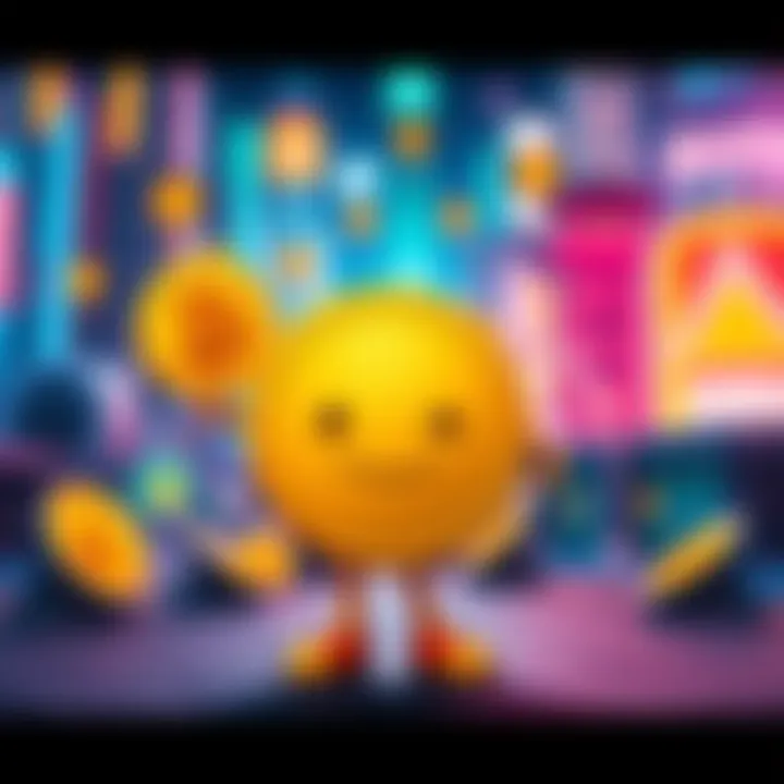 A cartoon character representing Bitty, the Bitcoin mascot, featuring a cheerful face and Bitcoin symbols around it, standing in a colorful environment related to cryptocurrency.