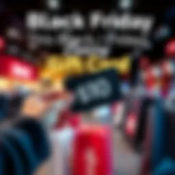 A person holding a $10 gift card with shopping bags and sale tags in the background