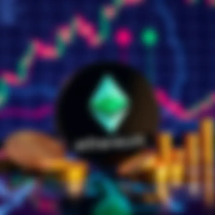 A graphic showing BlackRock's Ethereum ETF logo with financial symbols like coins and charts to represent investment growth.