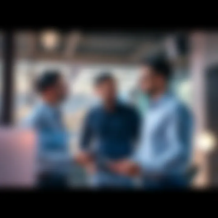 Three tech executives discussing blockchain technology in an office setting