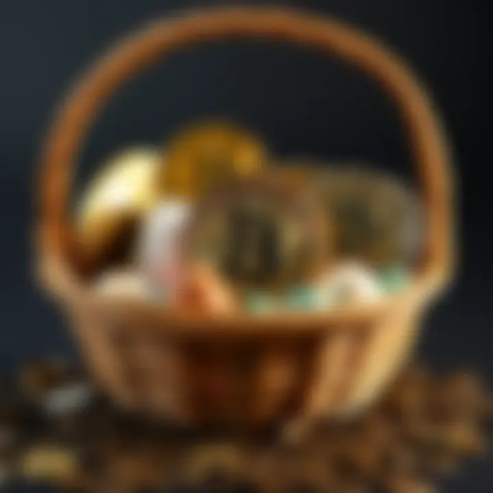 A basket filled with various blockchain coins and tokens, representing diversity in investments but showcasing a focus on Bitcoin in the center, symbolizing risk in concentration.