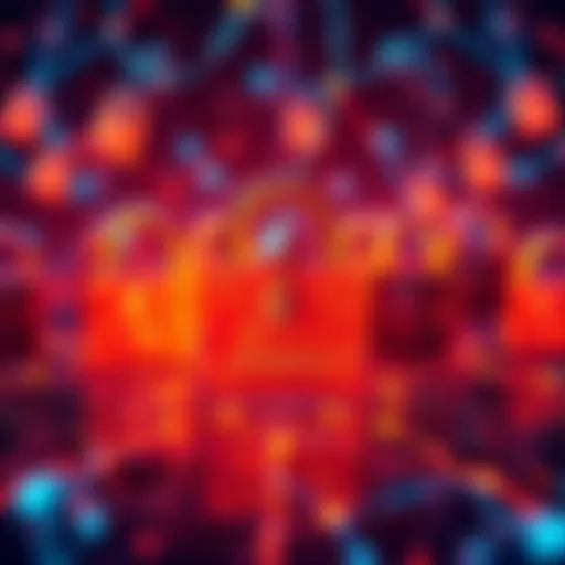 A visual representation of blockchain networks with locks symbolizing privacy and compliance, showcasing Ethereum's logo and stablecoins concepts.