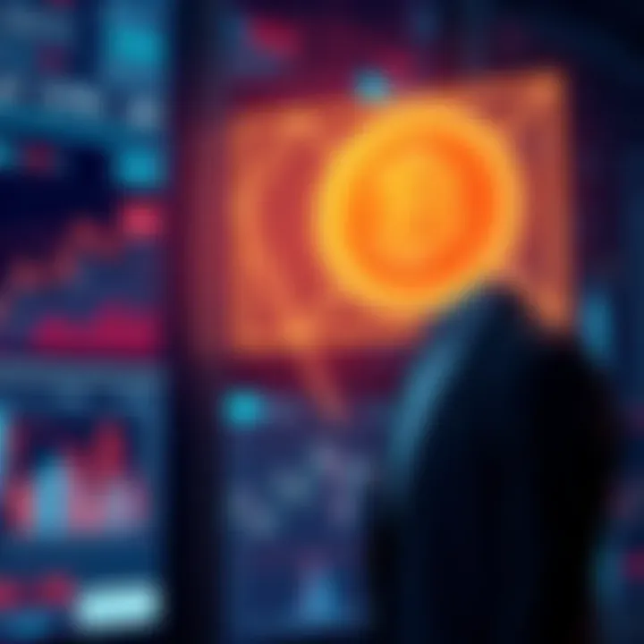 A businessman stands next to a digital screen displaying blockchain graphics and financial data, symbolizing the shift from traditional finance to blockchain technology.