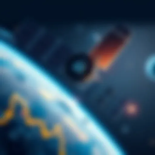 A satellite in space with blockchain symbols representing secure communication and transactions