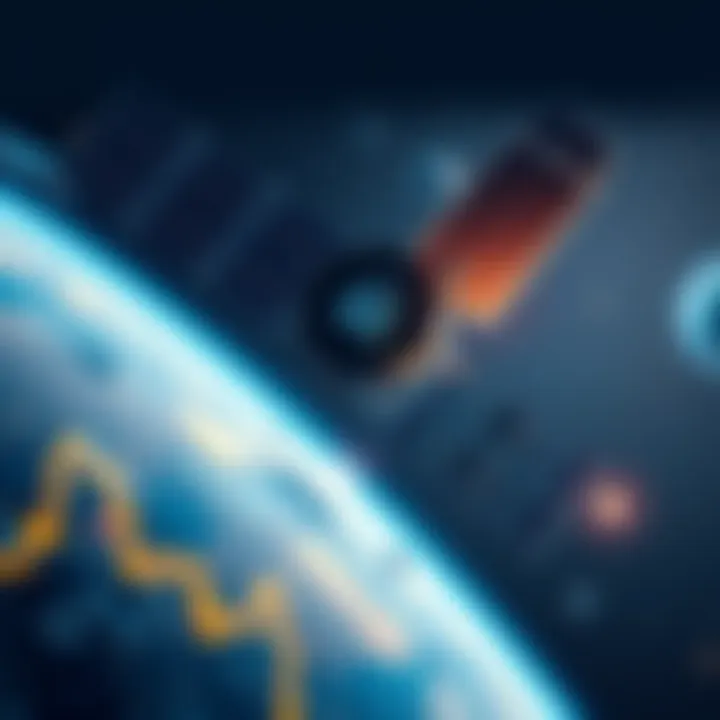A satellite in space with blockchain symbols representing secure communication and transactions