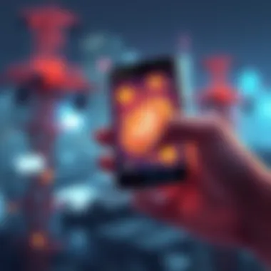 A digital illustration showing a hand holding a smartphone with cryptocurrency symbols, representing aid for a nation affected by power and internet issues.