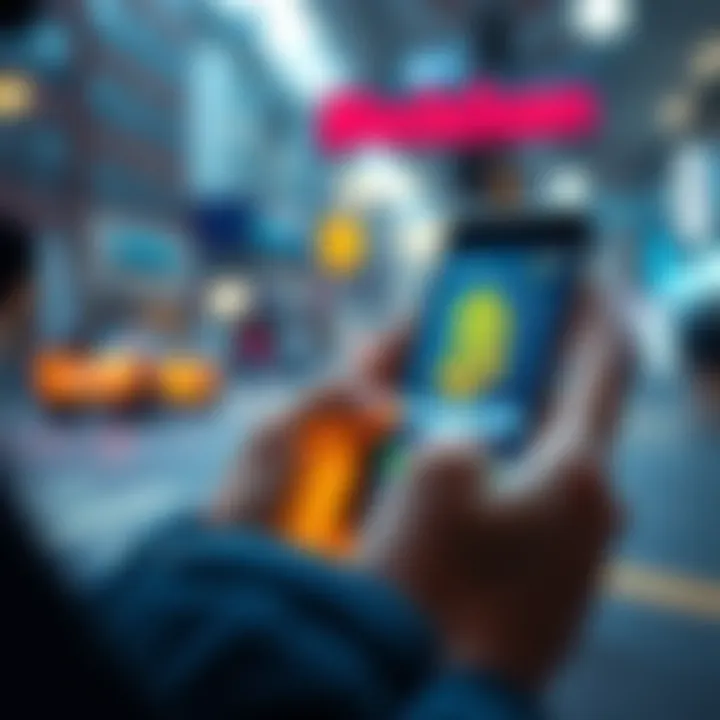 A person using a smartphone with blockchain symbols on the screen, representing everyday use of blockchain technology.