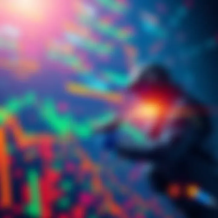 Visual representation of blockchain activity with vibrant transaction data graphs and a digital miner in action