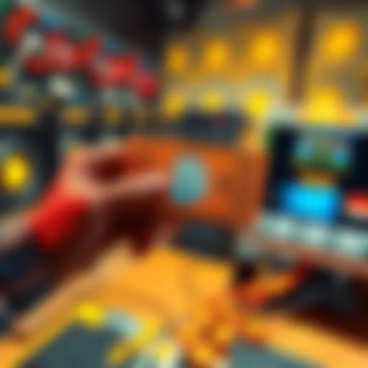 A person holding a Blockchance Bitcoin Ticket Miner, resembling a lottery ticket, with a background of mining equipment and Bitcoin symbols.