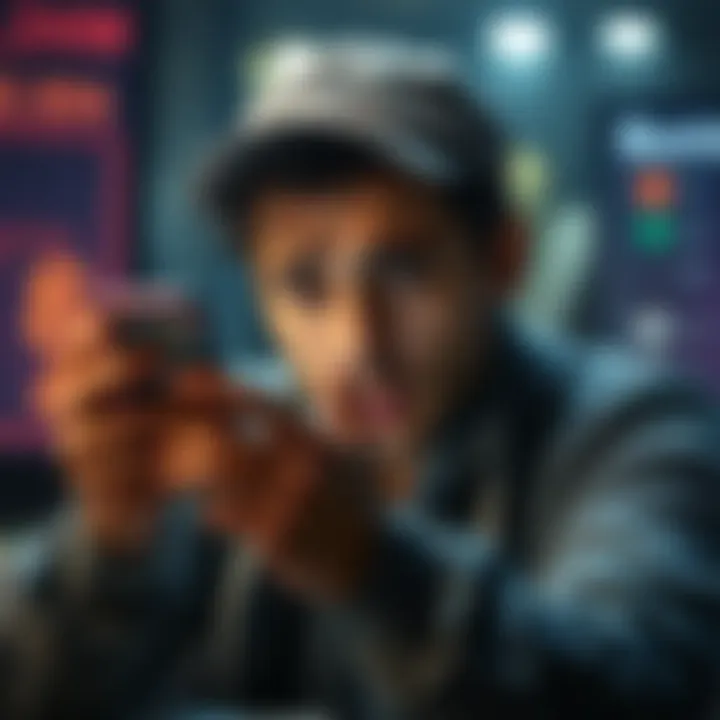 A frustrated person looking at a phone with blocked payment notifications on the screen, surrounded by payment cards.