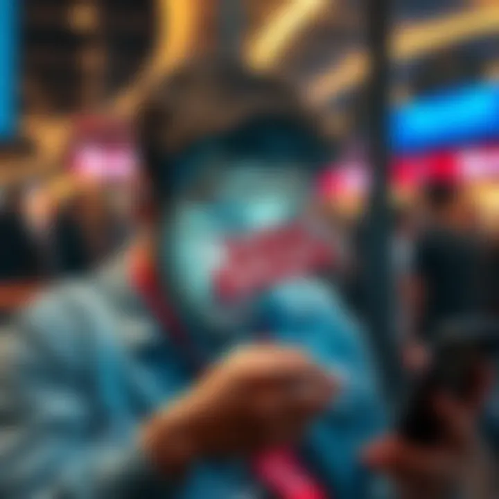 A person looking stressed while using a phone, showing frustration with a blocked bank account notification from Revolut while abroad.