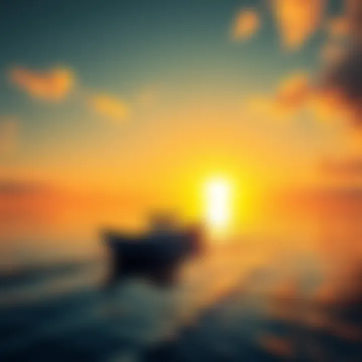 Boat on water with a rising sun A small boat in calm water during sunrise, symbolizing new investment opportunities