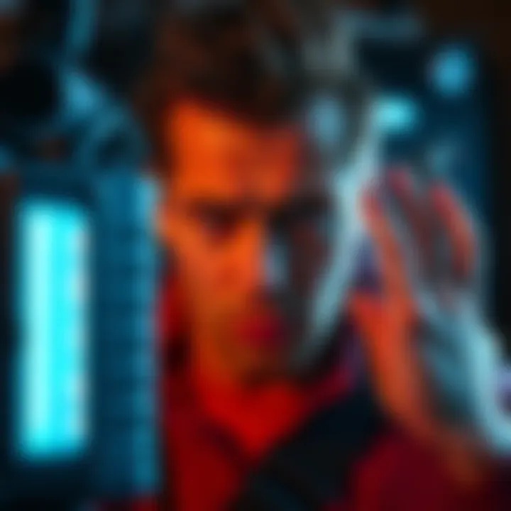 Frustrated User with Bobcat 300 A frustrated user staring at the Bobcat 300 displaying a pale blue light, indicating a malfunction.