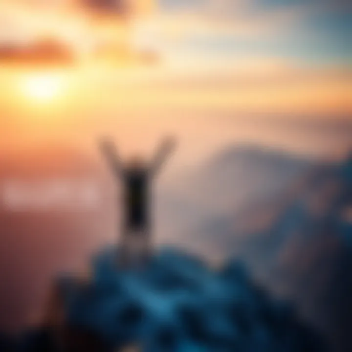 A person standing confidently on a mountaintop, arms raised in celebration, symbolizing full commitment to life