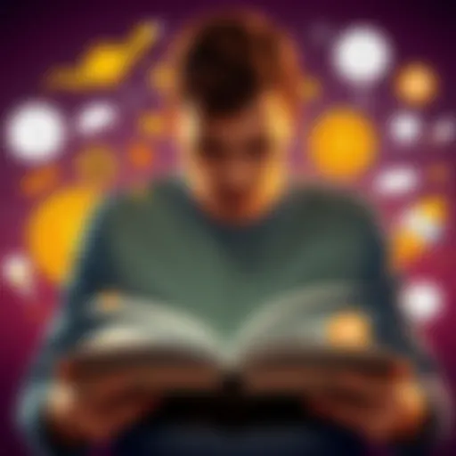 A person reading a beginner-friendly book on Bitcoin, with illustrations of cryptocurrency concepts around them.