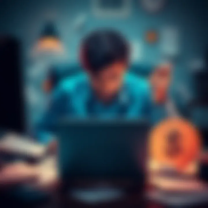 A frustrated bookkeeper working on a computer with QuickBooks Online, surrounded by paperwork and USDC symbols, highlighting the struggle with manual data entry.